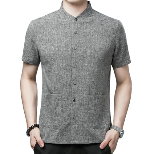 Chemise été lin homme col montant et manches mi-longues décontractée