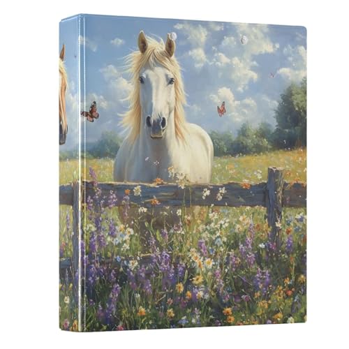 Image of 3 Ring Binder Horse Lavender White 1.5 inch Binders Three Ring Binders with Clipboard Fit 8.5'' x 11'' Paper 3 Interior PVC Clear Pockets for Office Supplies