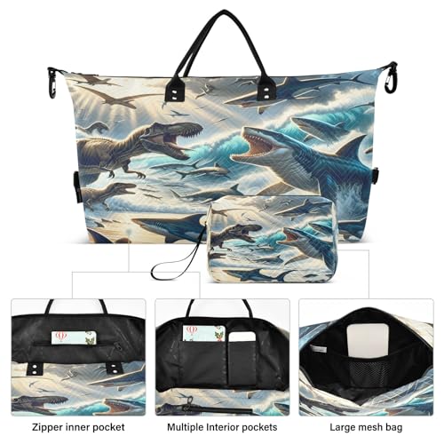 The Struggle Between Dinosaurs and Sharks on The Beach Travel Duffle Bag for Men Women Gym Bag with Storage Bag Weekender Bag Carry on Bags for Travel Trip Gym Yoga2