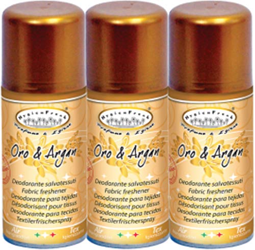 HygienFresh Oro & Argan – Spray desodorante profesional para tejidos, ambiente, coche, cajones, zapatos, armario, hotel, gimnasio, accesorios de lavandería – 3 unidades de 150 ml