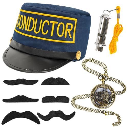 Yezmo Accessoires de costume de chef de train, ensemble de costume express avec chapeau de chef d'orchestre, montre de poche, moustaches, livre, costumes pour adultes