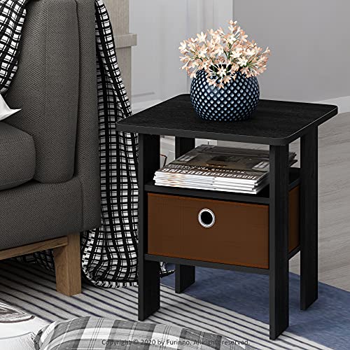 Image of FURINNO 11157AM /MBR Andrey nightstand, 1 End Table, Americano /Brown | Open Shelves and Storage Bin, Bedside Table, for Living Room, Bedroom