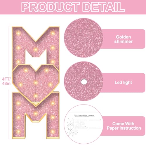 Image of Mother's Day Decorations LED Letter Lights, 4 Feet Tall 'MOM' Marquee Letters Lights Large Heart Sign for Mother's Day Wall Deor Birthday Party Decorations Supplies, Pink