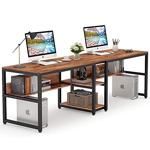 Image of TEKAVO Two Person Desk I 200 CM I Two People Working Table for Office & Home I Computer Desktop Table for Home pc I Desk with Book Shelf Storage I Brown Wood I Metal I DIY