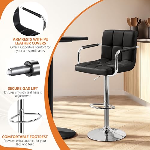 Image of Yaheetech Bar Stools Set of 4, Swivel with Backs, Adjustable Height, Black