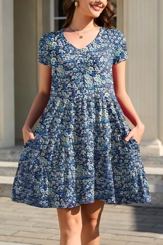 Image of nclook Womens Summer Casual Dress Sweet Cute V Neck Mini Dress with Pocket Short Sleeve