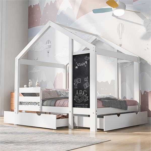 Merax Twin House Floor Bed Frame with Blackboard and Drawers,Two Assembly Options,White