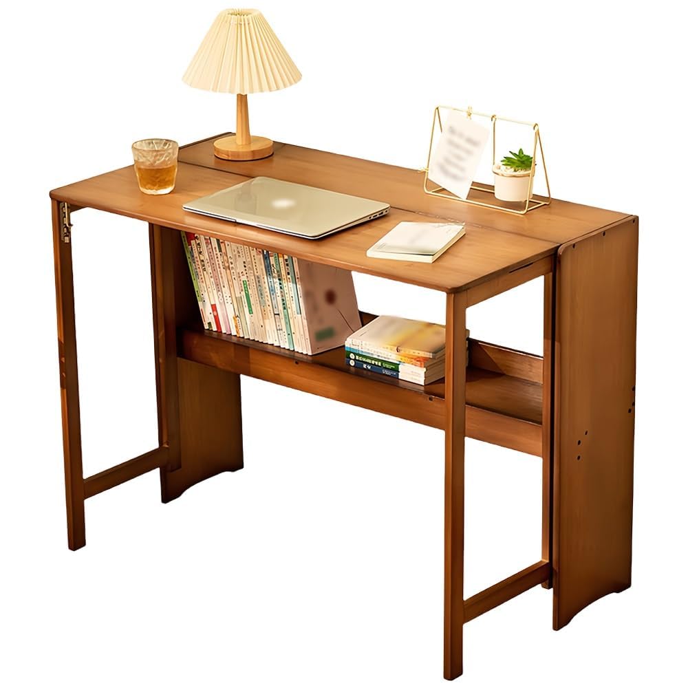 Foldable Desk with Bookshelf, Space-Saving Laptop Table, Small Desk with Storage Function, Writing Desk with Storage Shelf for Bedroom, Study and Home Office (Beech Wood) - Beech Wood
