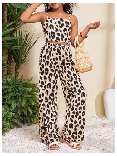 Image of Floerns Girl's 2 Piece Outfit Hawaiian Tropical Crop Cami Tops and Boho Pants Set