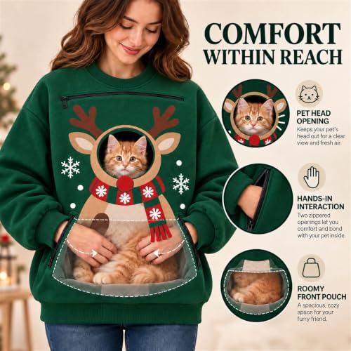 Womens Cat Pouch Hoodie Christmas Santa Dog Pouch Sweatshirts Pet Carrier - image 4