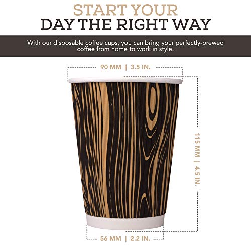 Nobleroyalcity-(NRC) Wood Design Disposable Coffee Cups with Lids - Leakproof Togo Coffee Cup Set with Secure Lids - Safety Ripple Wall for Hot and Cold Drinks - Sturdy Paper Beverage Cups - 12 oz - Thumbnail 7