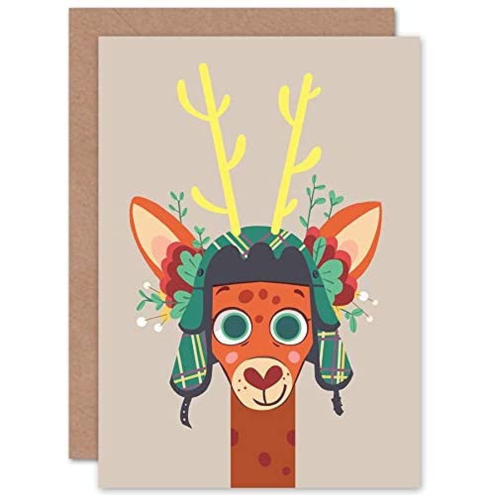 Wee Blue Coo Stag with Tartan Hat Greeting Card With Envelope Inside Premium Quality