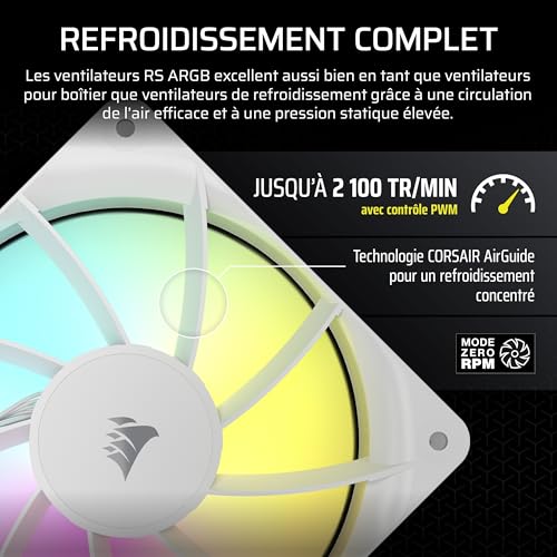 CORSAIR RS120 ARGB 120mm Ventilateurs PWM – Connexion Daisy-Chain – Faible Bruit – Roulement à Dôme Magnétique – Paquet Triple – Blanc