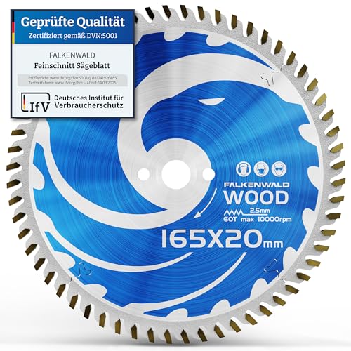 FALKENWALD Kreissägeblatt 165x20 mm mit 60 Hartmetallzähnen - Ideal für Holz (Wood) - Kompatibel mit Makita Sägeblatt 165 DHS680RTJ Makita SP 6000K1 Bosch GKT 55 GCE