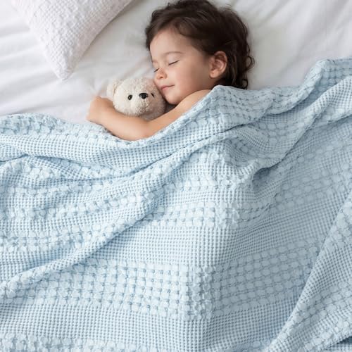 Image of PHF 100% Cotton Waffle Blanket King Size for Bed, Lightweight Breathable and Soft for Summer, Luxury Aesthetic Waffle Weave Blanket for Home Decor & Gifts for Women, 108 inchx90 inch, Sky Blue