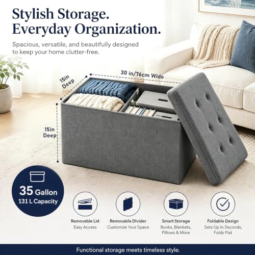 Image of ALASDO 30 Inch Folding Storage Ottoman Bench with Hidden Storage, PU Leather Ottoman Foot Rest Stool, End of Bed Bench for Bedroom, Living Room, Entryway and Closet, Grey
