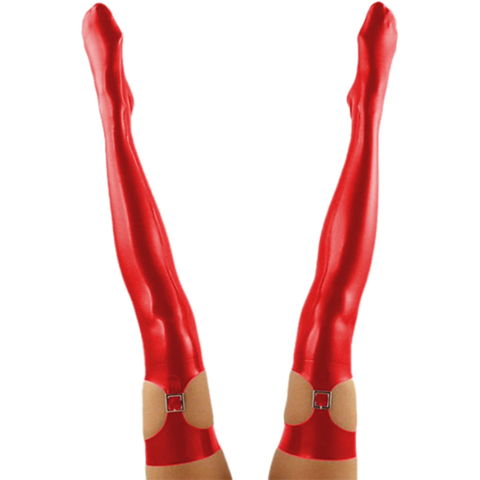 Medias elásticas hasta el muslo con aspecto húmedo de cuero de PVC con pies altos, lencería por encima de la rodilla