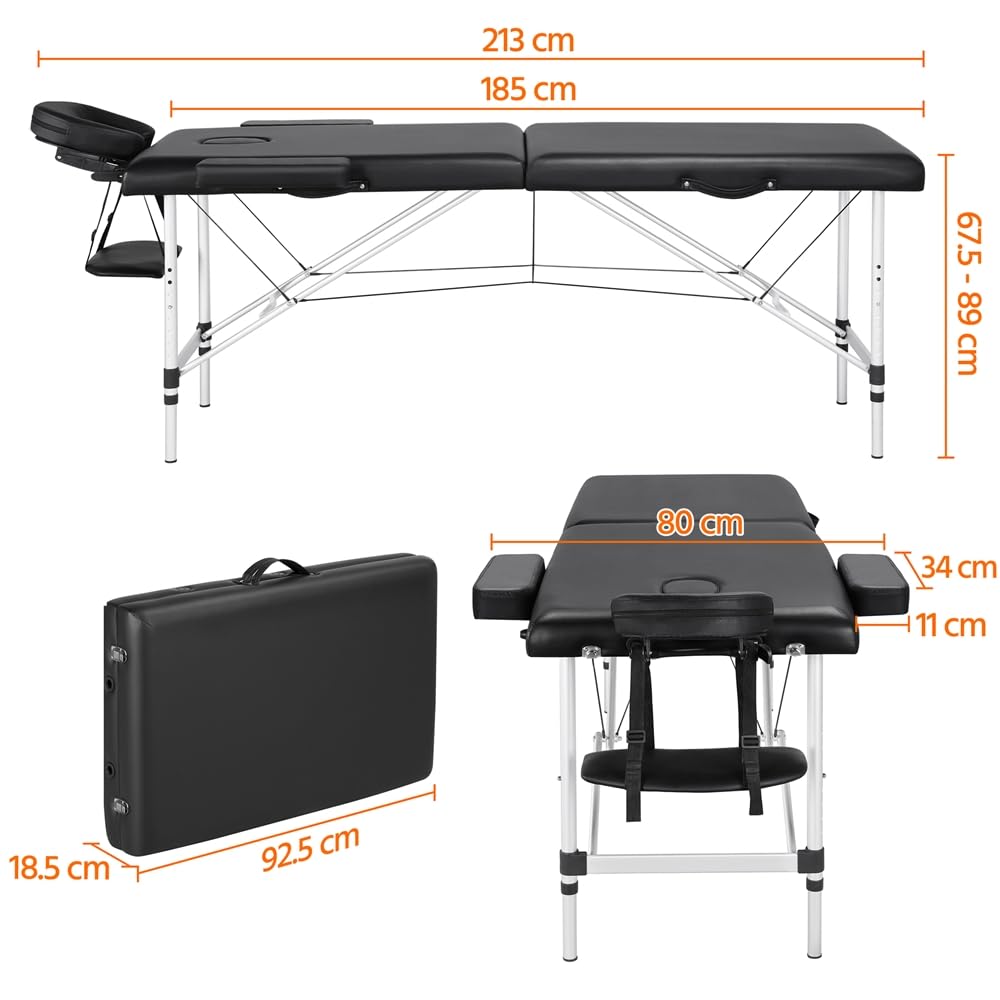 Yaheetech Camilla Masaje Plegable Portátil Profesional de 2 Zonas Capacidad 250 kg con Bolsa para Fisioterapia Reposacabezas Ajustable Altura y Reposabrazos Extraíbles 213 x 80 cm/Negro