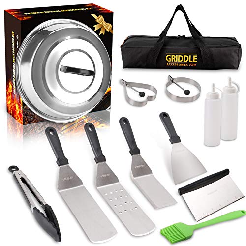 Vomelon Griddle Accessories KitFlat Top Griddle Tools Set for Camp Chef Grilling Hibachi Tool Set with Basting Cover Spatula Scraper Bottle Tongs Egg Rings Carring Bags-Black