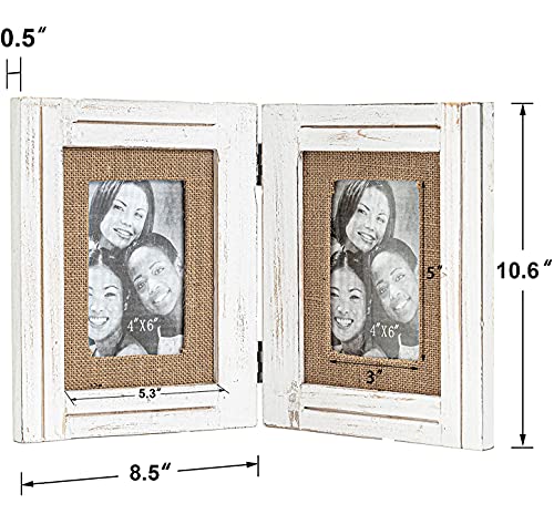 Distressed Hinged Double Picture Photo Frame 4X6 With Burlap Rim For Home Office Desk, Gift For Halloween, Thanks Giving Day, Birthday, Anniversary, Christmas, New Year, Mother's Day, White #TOP1