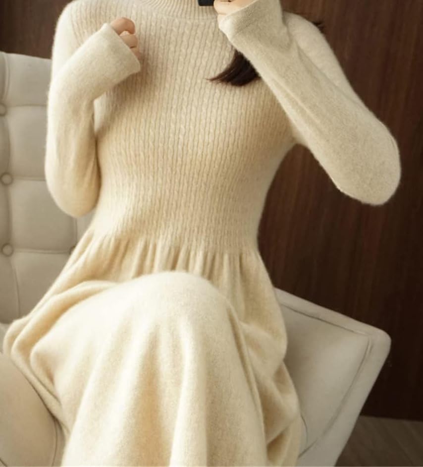 Women Autumn Winter 100% Wool Knitted Sweater Dresses Girls O-Neck Long Dresses3