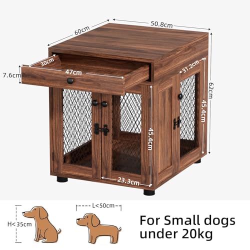 VOWNER Hundekäfig Möbel Indoor, 3 Türen Holz Hundebox mit Schublade, Moderne Hundehütte als Beistelltisch, 51 x 60 x 62 cm für kleine Hunde Zuhause unter 20 kg, Walnussbraun