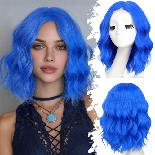 Image of Eawwii Wigs for Women Blue,Short Wavy Synthetic Lace Wig | Glueless 4x1 Lace Hairline, Heat-Resistant Fiber,Bob Wave Style,Natural Appearance for Everyday Cosplay 14 Inch