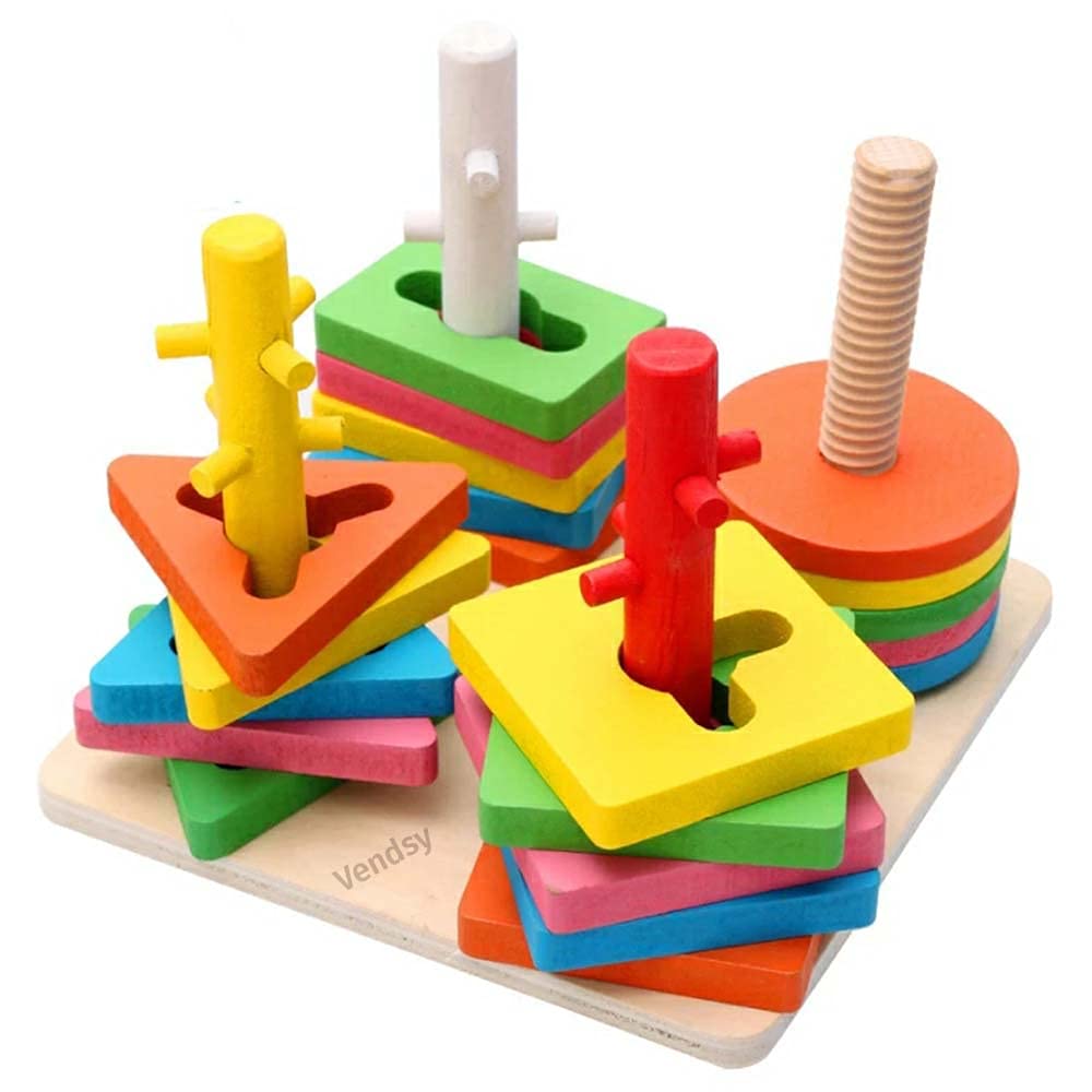 Vendsy Multi-Color Geometric Shape Wooden Stacking Puzzle, 4 Columns Building Blocks Toy for Kids (B09C3SVZTB) Amazon Price History, Amazon Price Tracker