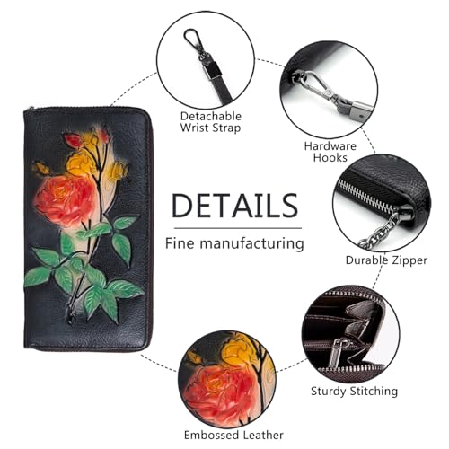 Image of Wallet Genuine Leather for Women - with RFID Blocking Card checkbook ID Slot Large Capacity Vintage style (gardenia black)