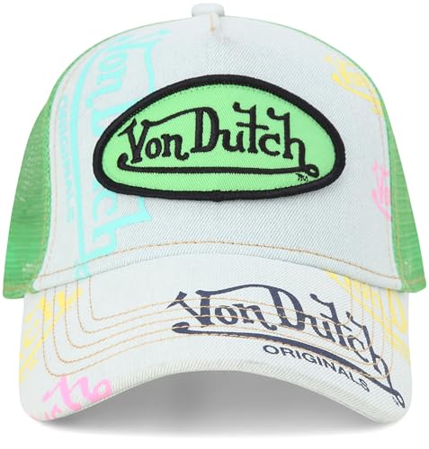 Image of Von Dutch Monogram Trucker Cap - Retro Snapback Cap for Men and Women - Adjustable Snap Fit Panel, Mesh Rear, Curved Bill