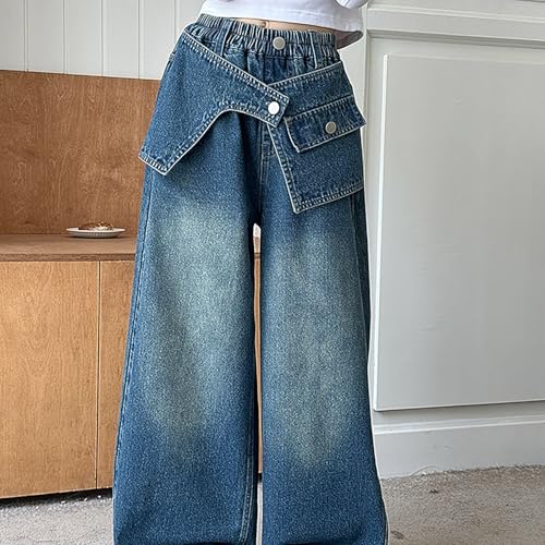 Jeans for Girls Baggy Wide Leg Trendy Hip Hop Denim Pants Elastic High Waisted Y2K Boyfriend Skater Streetwear 5-14Y4