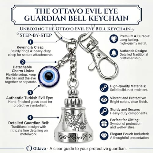 Image of OTTAVO Evil Eye Bell Keychain, Metal Nazar Battu, Good Luck Charm for Car & Bike Keys, Protective Guardian Bell, Bag Accessory