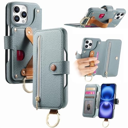 iPhone 16e étui portefeuille RFID fermeture éclair housse cuir bleu antichoc