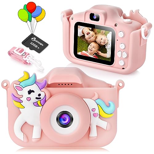 ARNSSIEN Kids Camera for Girls with 32GB Card, HD IPS Eye-Protective Screen Unicorn Kids Selfie Digital Camera with Full-Cover Lens Protection for 3-12 Year Old Girls Christmas Birthday Gift for Girls