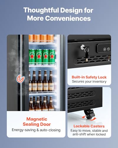 Image of VEVOR Commercial Merchandiser Refrigerator, 6.1 Cu.Ft / 173 L Glass Door Display Refrigerator, Upright Beverage Cooler with Customizable Lightbox, 3 Adjustable Shelves & Soft LED Light for Homes Shops