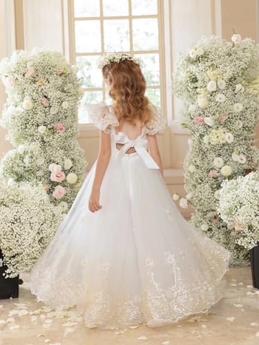 MCieloLuna Girls Lace Applique Flower Girl Dresses for Wedding 2025 First Communion Dress Party Maxi Gown Tie Back3