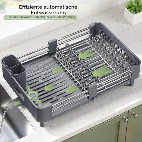 KINGRACK Erweiterbares Abtropfgestell Geschirr, Abtropfgestell für Küchentheke, Faltbares Edelstahl Geschirrabtropfgestell mit Abnehmbarem Besteckhalter, Kratzfestem Teller-Gestell, Grau 5