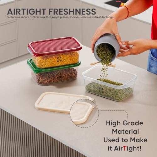 Image of Set of 3 Fridge Storage Containers with Lids 1100ml Each | BPA Free Food Grade Stackable Transparent Freezer Safe Boxes for Vegetables Fruits Snacks Kitchen Made in India