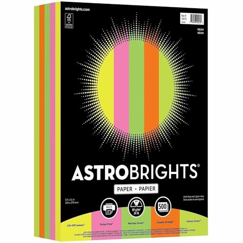 Image of Neenah Astrobrights Colored Paper, 8.5 inch x 11 inch, 24 lb /89 gsm, inchNeon inch 5-Color Assortment, 500 Sheets (20270)
