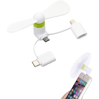 Mini Mobile Phone Fan 3 in 1 Mini Mobile Phone Fan Portable Cooler Rotating Fan Portable Mini USB Mobile Phone Fan 3-in-1 Fan Compatible with iPhone/Type C/Lightning Port Fan White