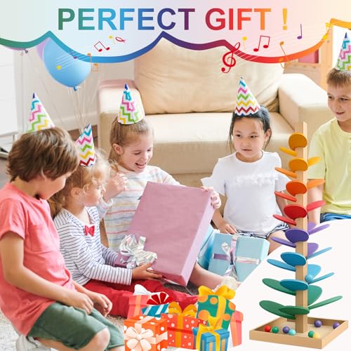 Holz Kugelbahn Klangbaum, Klang Murmelbahn Regenbogen, Musikbaum Lernspielzeug für Kinder, Montessoris Spielzeug aus Holz Regenbogen Murmel Holzturm, Murmelturm Motorikspiel ab 3 Jahr