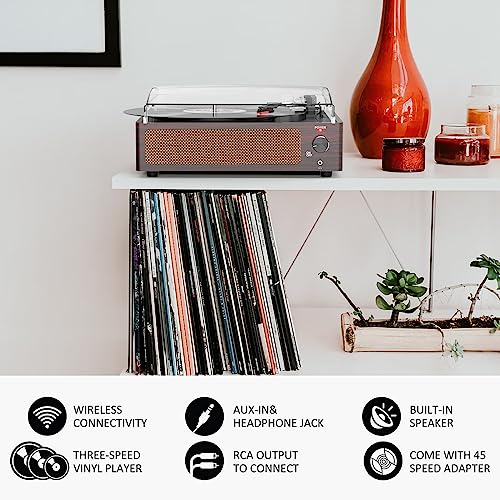 Image of Vinyl Record Player with Speakers Vintage Turntable for Vinyl Records Belt-Driven Turn Table 3-Speed 3 Size Wireless Playback Headphone AUX-in RCA Line LP Vinyls Players Auto Stop Dark Red