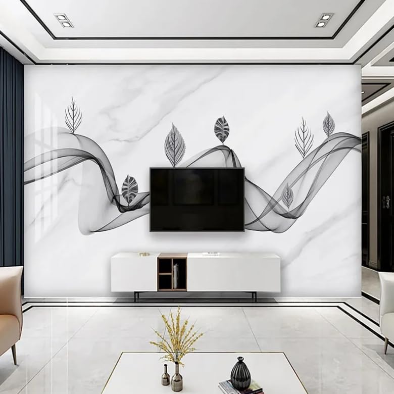 Papier peint 3D marbre blanc et feuilles de fumée pour une décoration chic