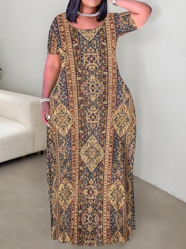 Image of PinkPatty Plus Size Maxi Dress for Curvy Women Crew Neck Long Sleeves Casual Dress Vacation Sundresses with Pockets