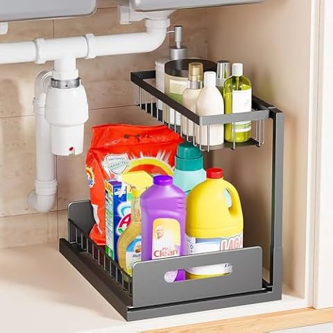 VUSIGN Under Sink Organizer and Storage, Slide Out Cabinet Organizer, Pull Out Sink Shelf for Kitchen Bathroom Laundry, Black, 1 Pack Cover