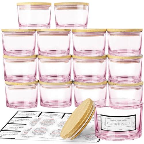 CONNOO 15 Pack 4oz Pink Glass Candle Jars with Airtight Bamboo Lids