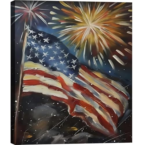 Image of Framed 4th of July Fireworks American Flag Wall Art, Patriotic Impasto Canvas Art Pictures, USA Flag Wall Decor for Living Room Man Cave Bar, Ready to Hang Made in USA