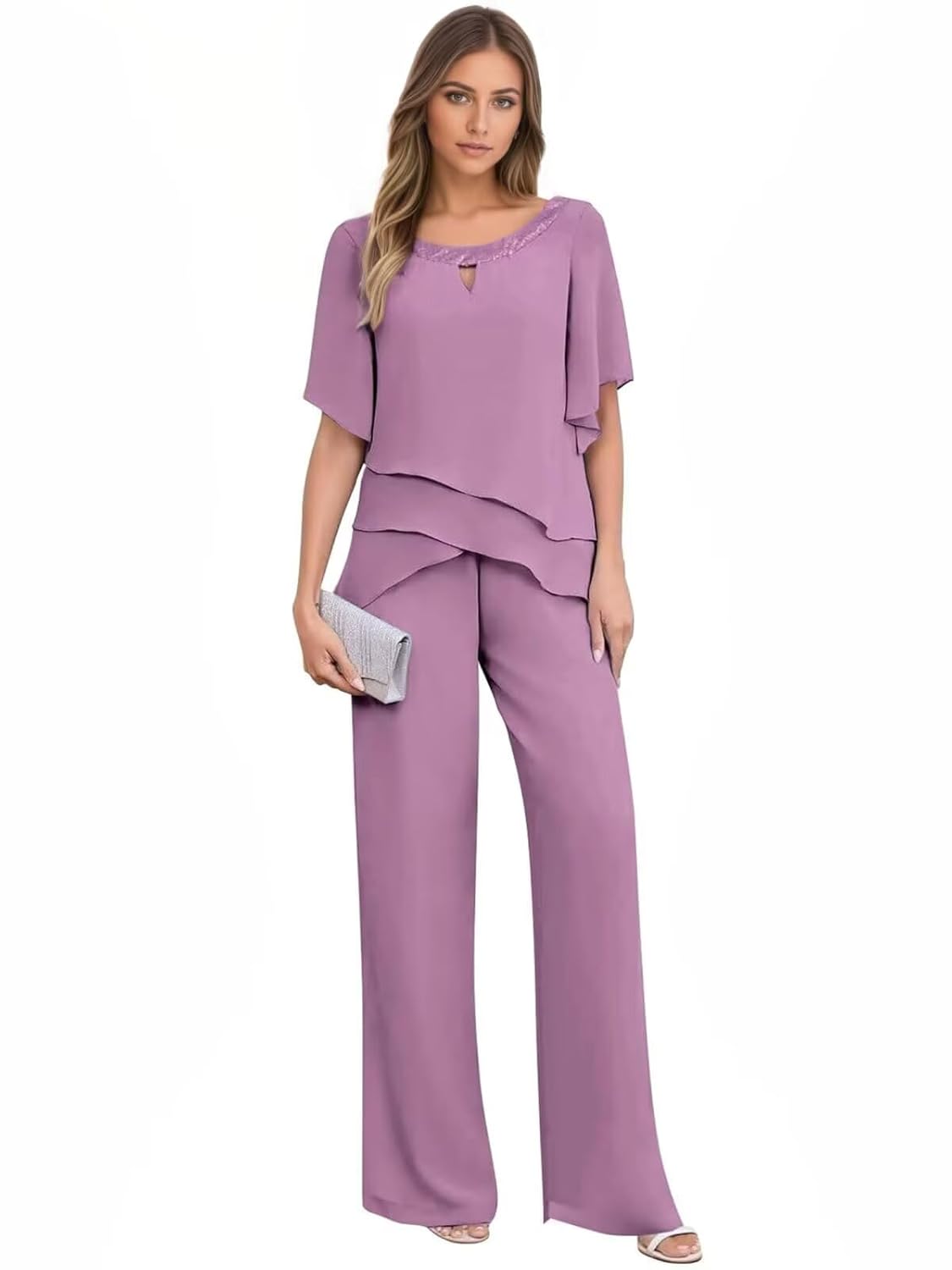 2 Pieces Mother of The Bride Pant Suits with Short Sleeves Chiffon Formal Grandmother Pantsuit Outfits for Wedding