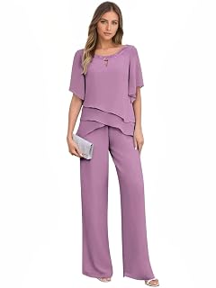 2 Pieces Mother of The Bride Pant Suits with Short Sleeves Chiffon Formal Grandmother Pantsuit Outfits for Wedding