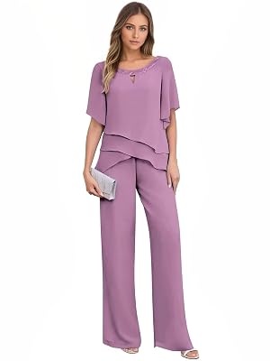 2 Pieces Mother of The Bride Pant Suits with Short Sleeves Chiffon Formal Grandmother Pantsuit Outfits for Wedding